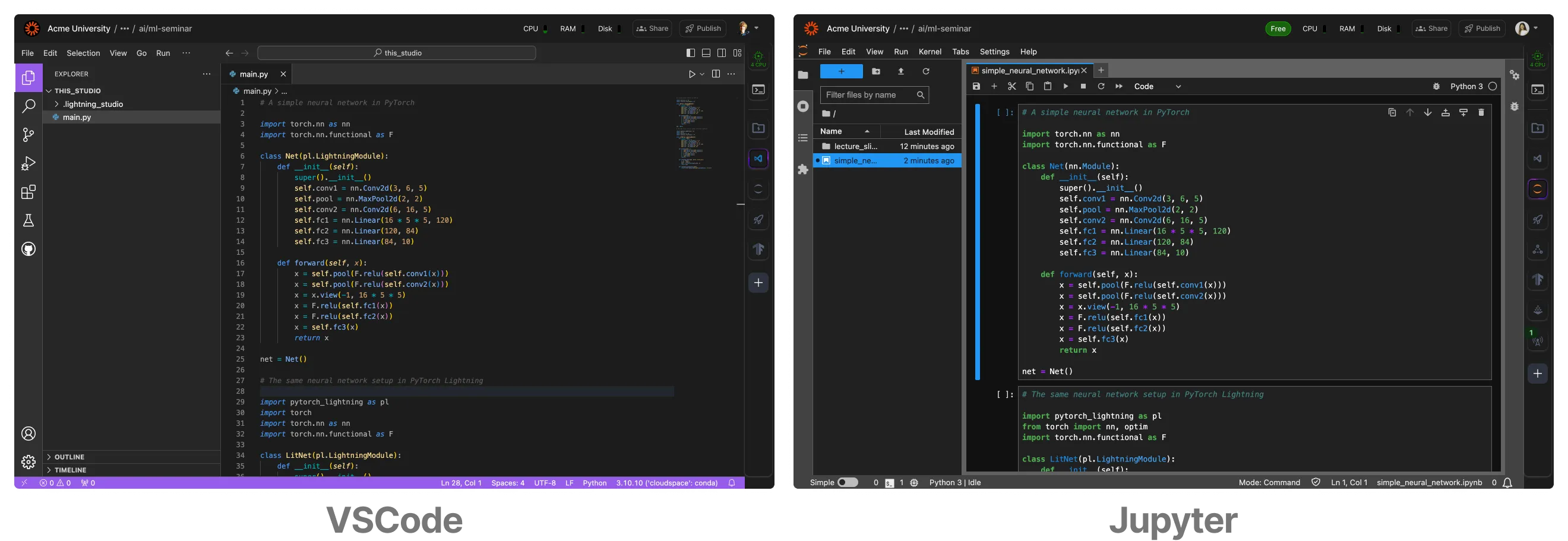 A Studio set up with teaching code in VSCode and Jupyter, including a folder for lecture slides.