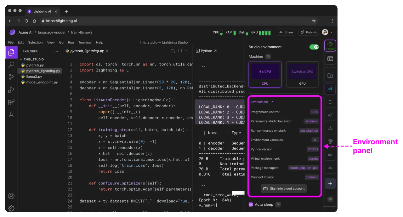 The environment panel is below the CPU / GPU selector in the Studio environment popover