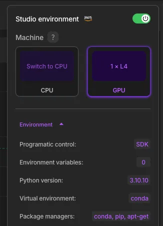 The environment panel is below the CPU / GPU selector in the Studio environment popover