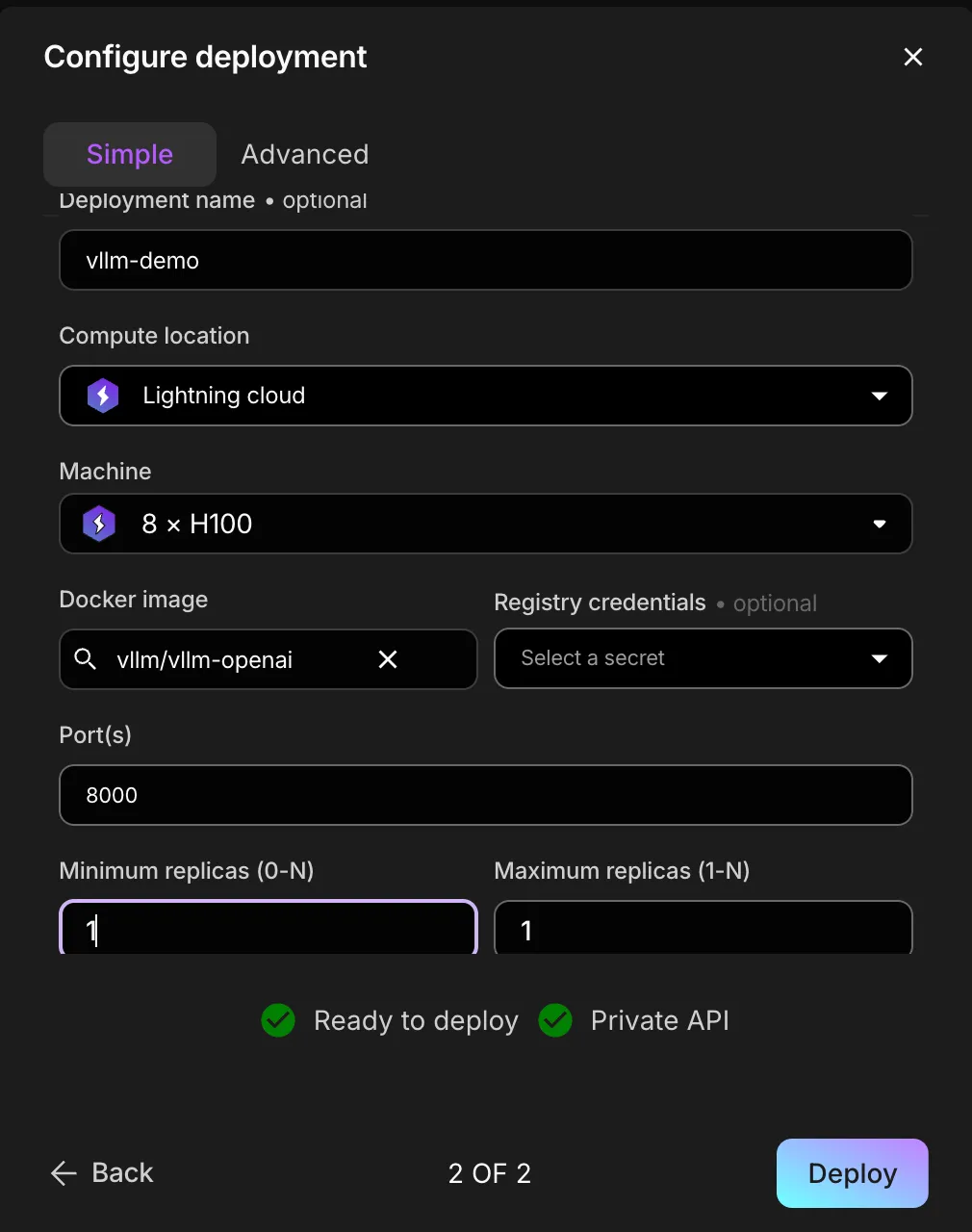 View of the completed Simple tab of the Deployment launch settings