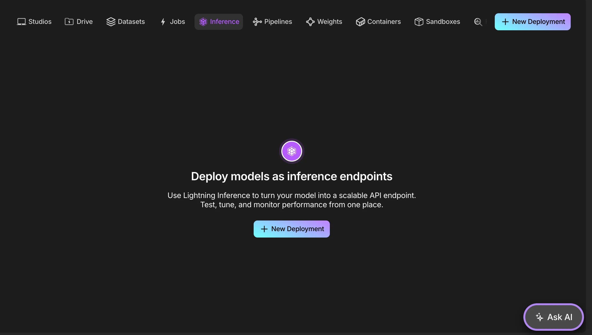 View of the Inference tab of a teamspace